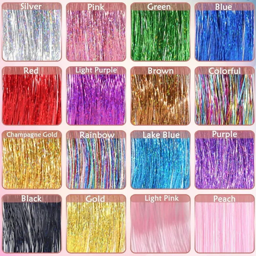 48 Inch Glitter Hair Tinsel Extensions Kit 16 Colors, 4800 Strands With Tools -